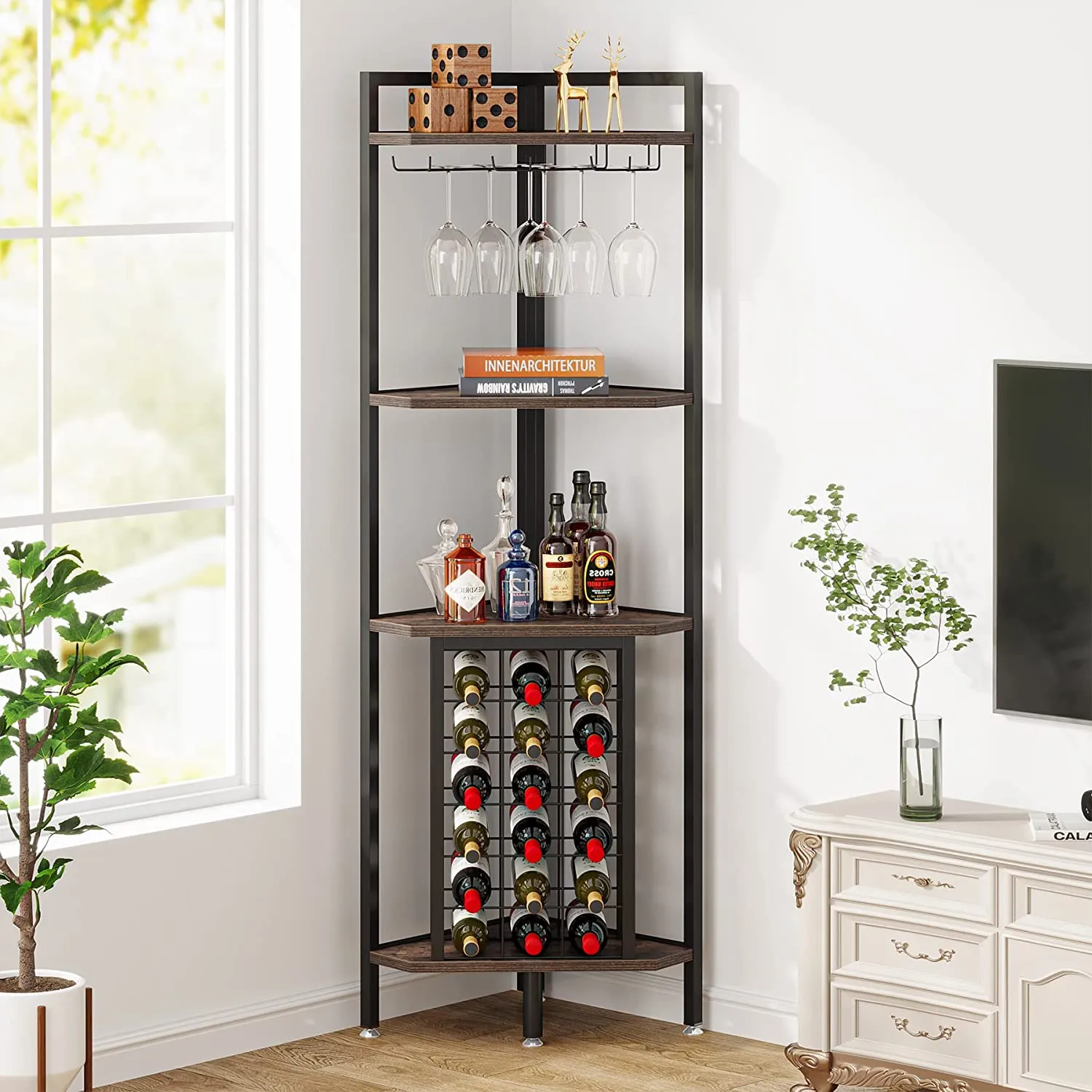 4-Tier Corner Wine Rack with Glass Holder & Storage Shelves