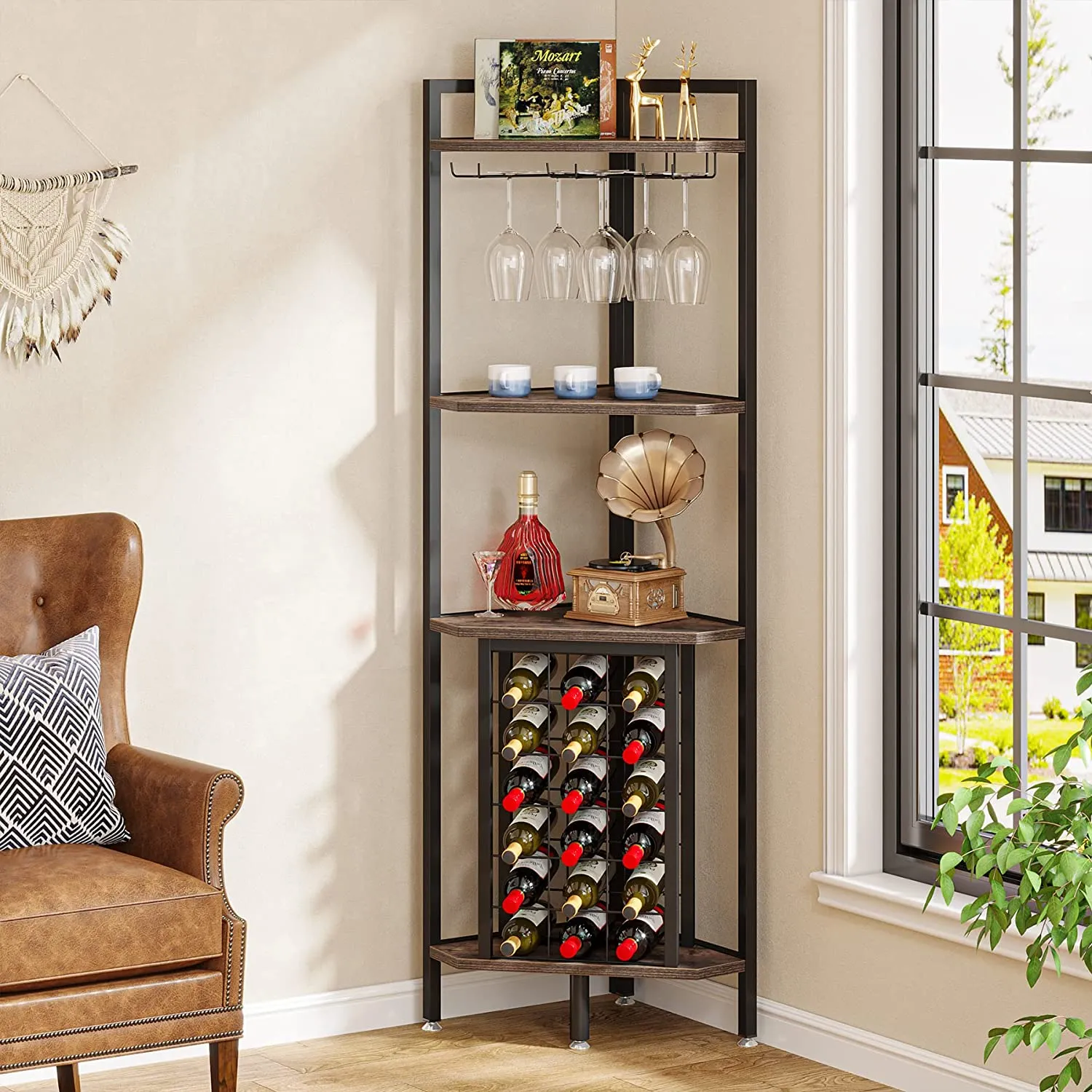 4-Tier Corner Wine Rack with Glass Holder & Storage Shelves