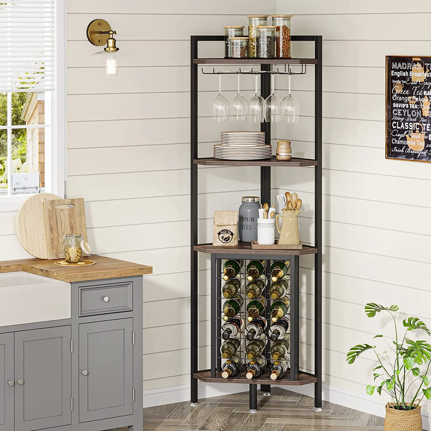 4-Tier Corner Wine Rack with Glass Holder & Storage Shelves