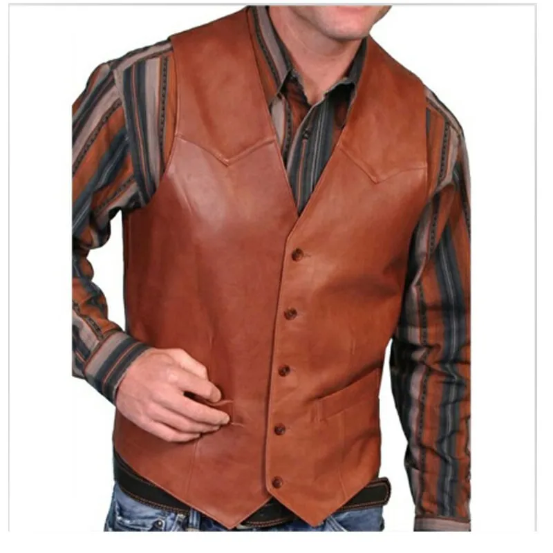 Aidase Suit Vest Men's Leather V-Neck Fashion Casual Jacket Sleeveless Steampunk Western Denim Vest Waistcoat Male