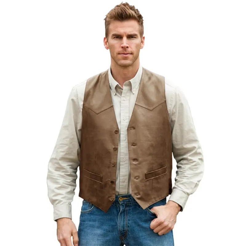 Aidase Suit Vest Men's Leather V-Neck Fashion Casual Jacket Sleeveless Steampunk Western Denim Vest Waistcoat Male