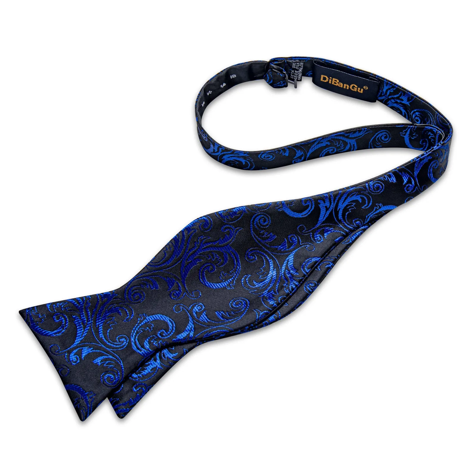 Black Blue Floral Self-Bowtie Pocket Square Cufflinks Set