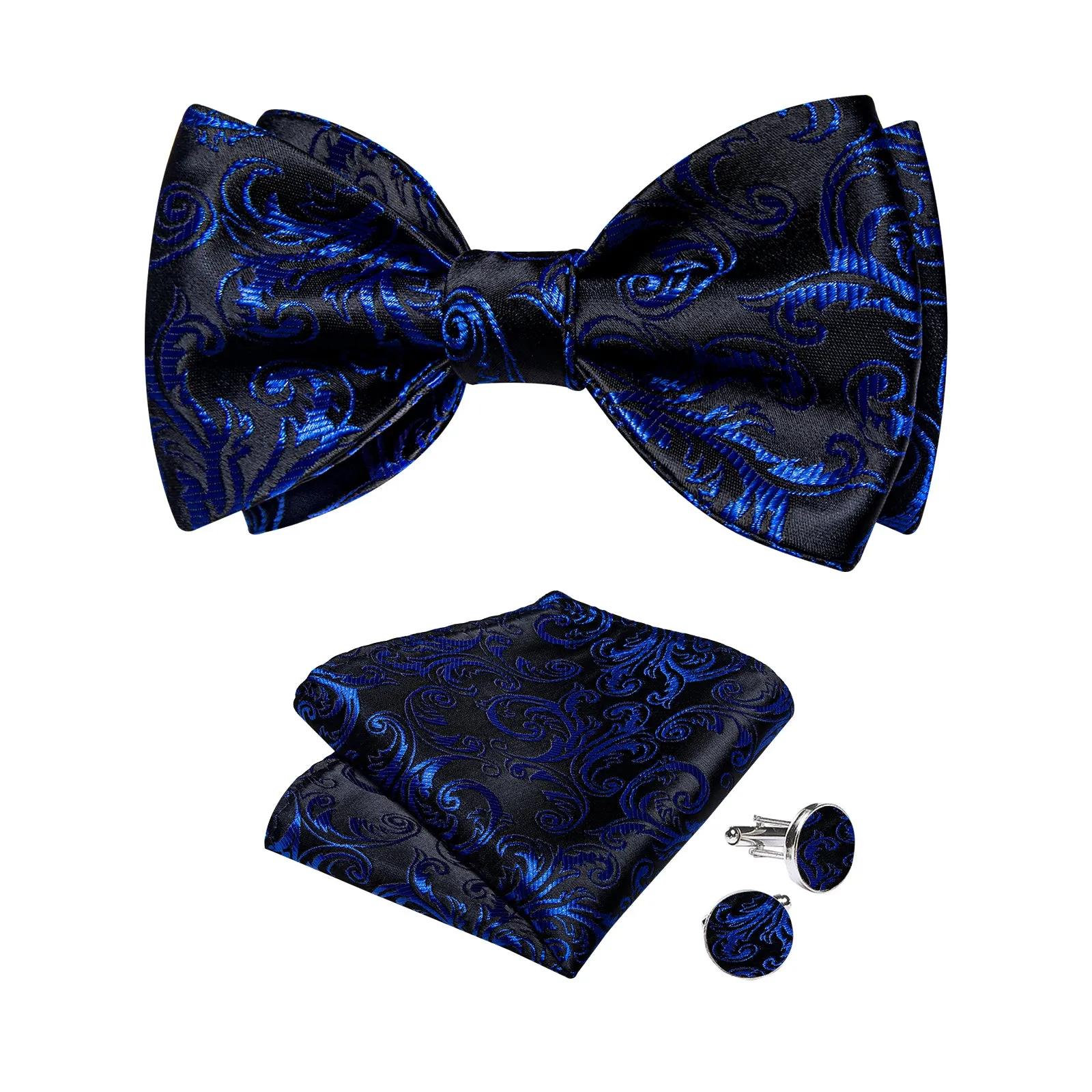 Black Blue Floral Self-Bowtie Pocket Square Cufflinks Set