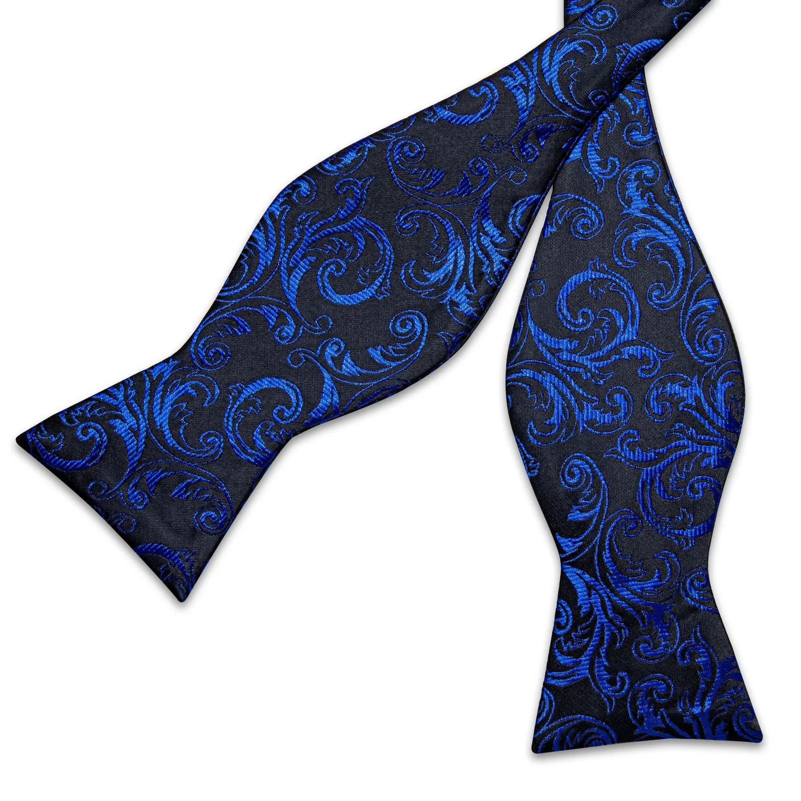 Black Blue Floral Self-Bowtie Pocket Square Cufflinks Set