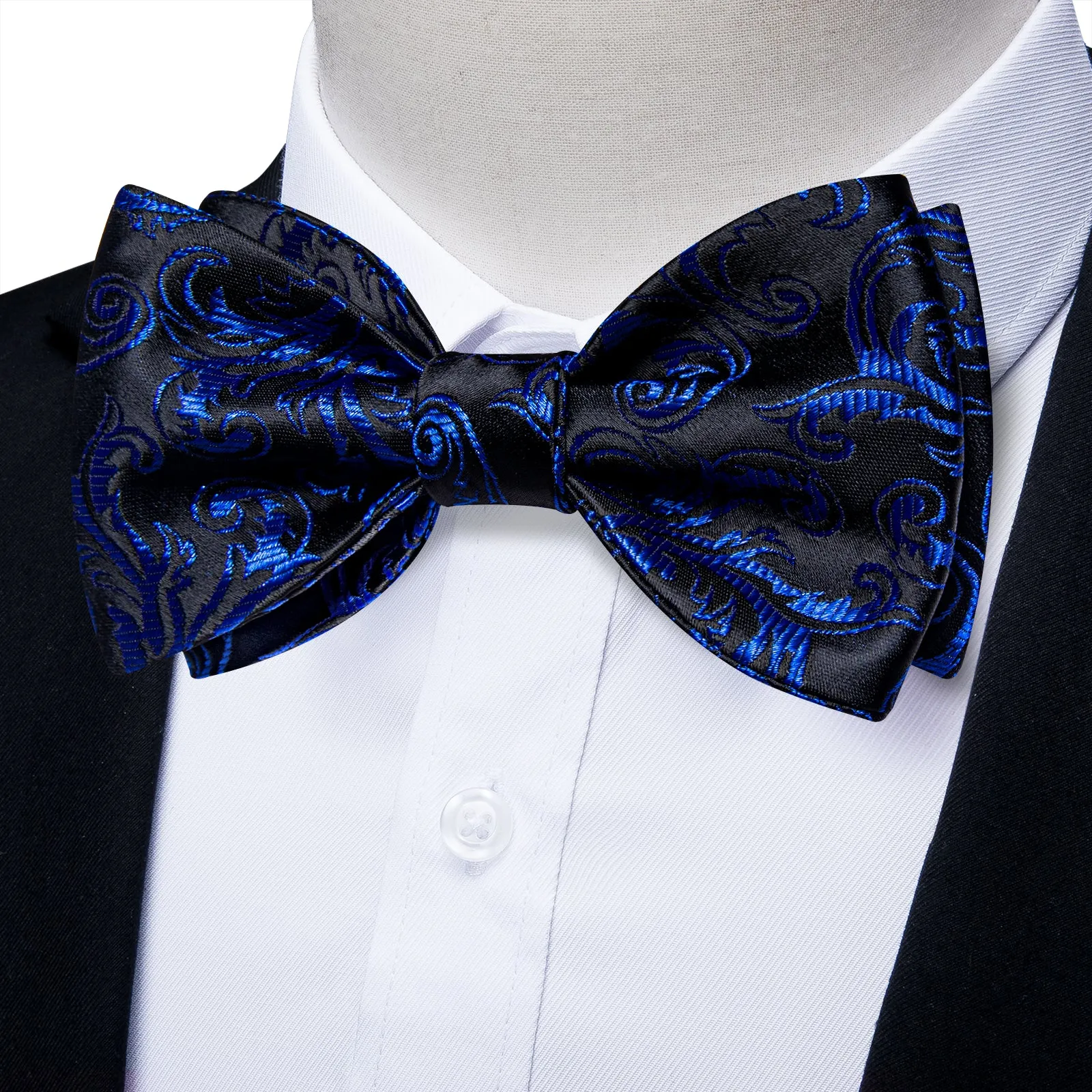 Black Blue Floral Self-Bowtie Pocket Square Cufflinks Set