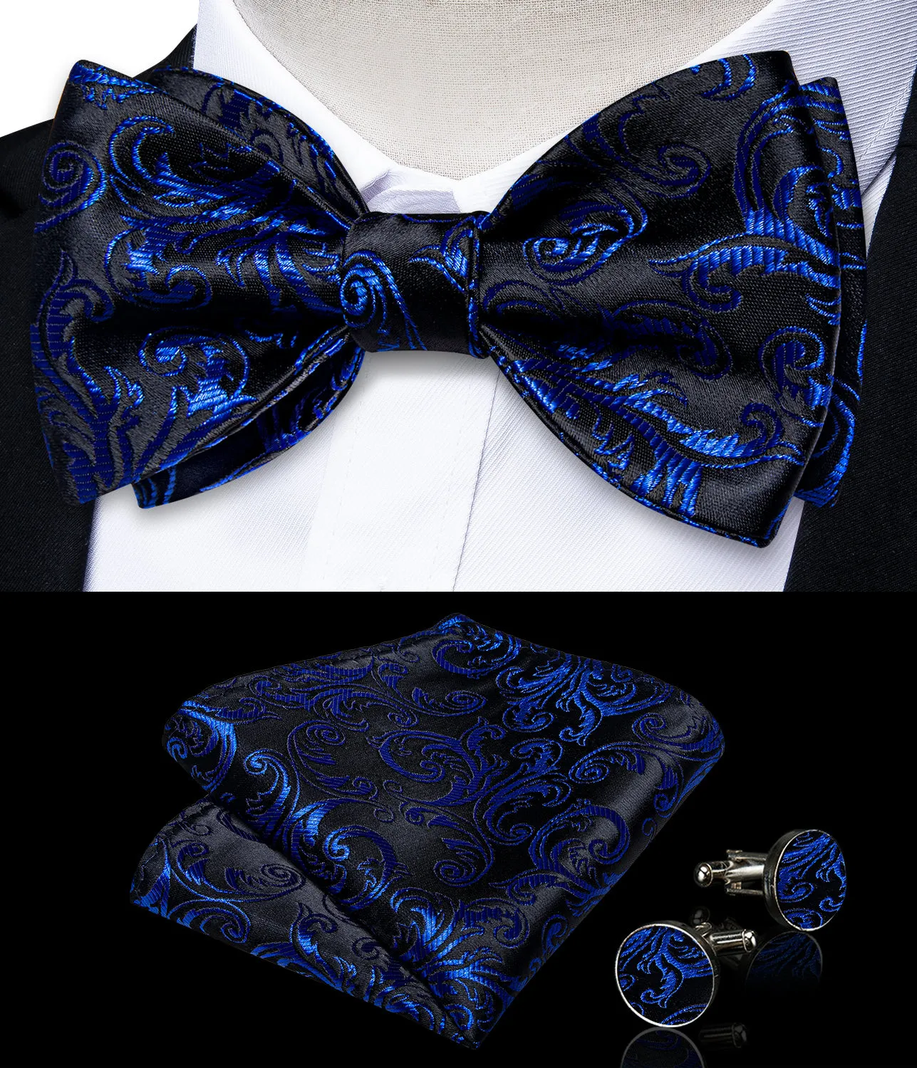 Black Blue Floral Self-Bowtie Pocket Square Cufflinks Set