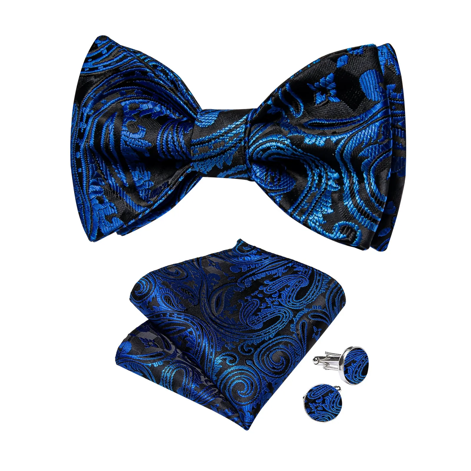 Black Blue Floral Silk Bowtie Pocket Square Cufflinks Set