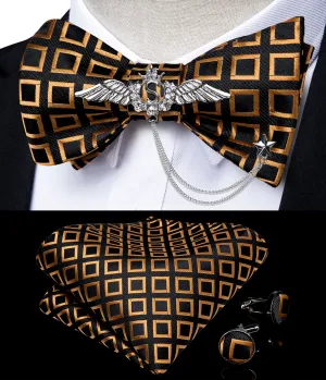 Black Brown Geometric Self-Bowtie Pocket Square Cufflinks With  Wing Lapel Pin Brooch