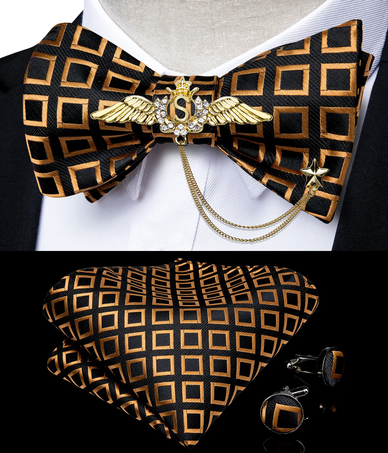 Black Brown Geometric Self-Bowtie Pocket Square Cufflinks With  Wing Lapel Pin Brooch