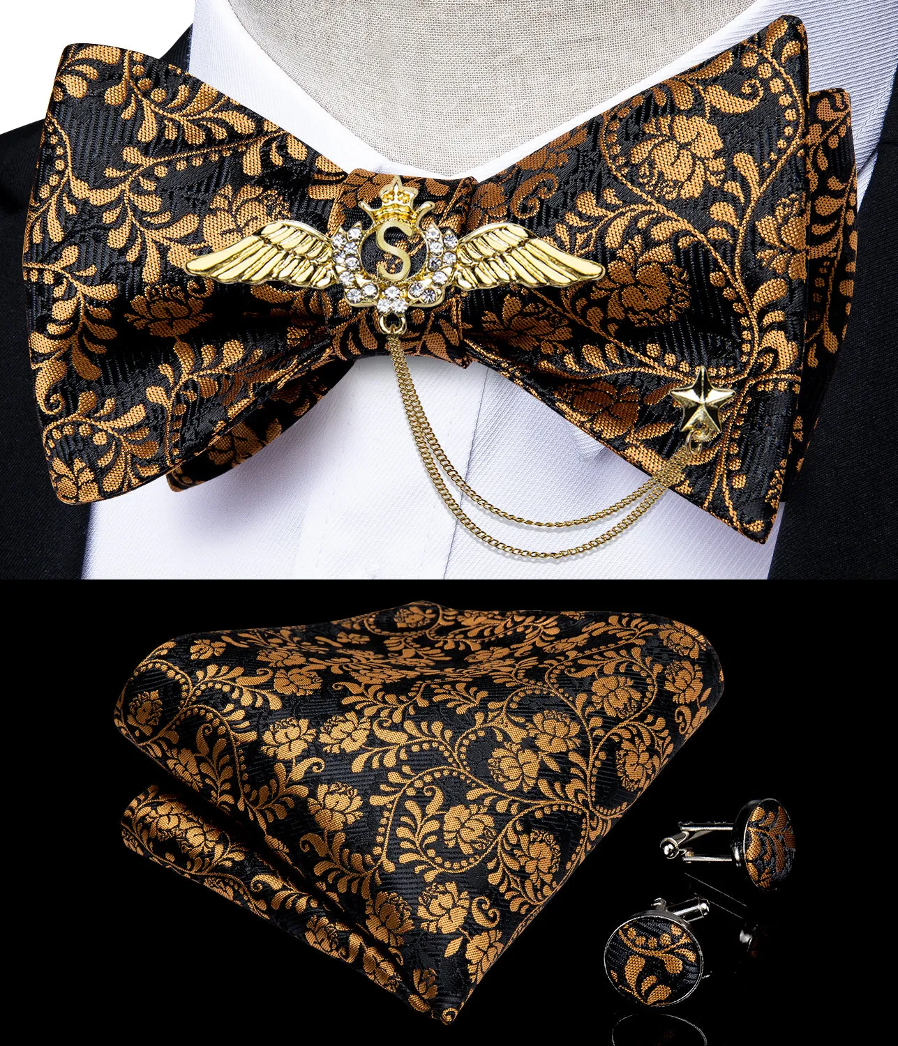 Black Gold Floral Self-Bowtie Pocket Square Cufflinks With Wing Lapel Pin Brooch