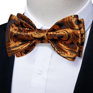 Black Golden Floral Self-Bowtie Pocket Square Cufflinks Set