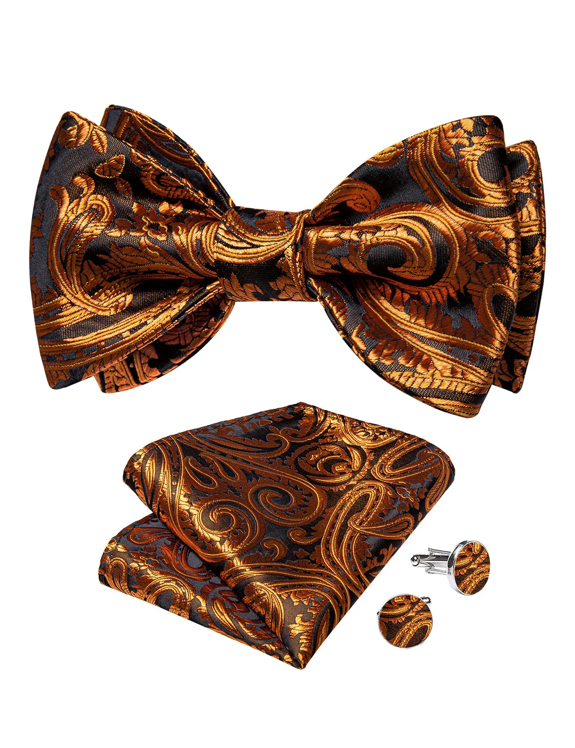 Black Golden Floral Self-Bowtie Pocket Square Cufflinks Set