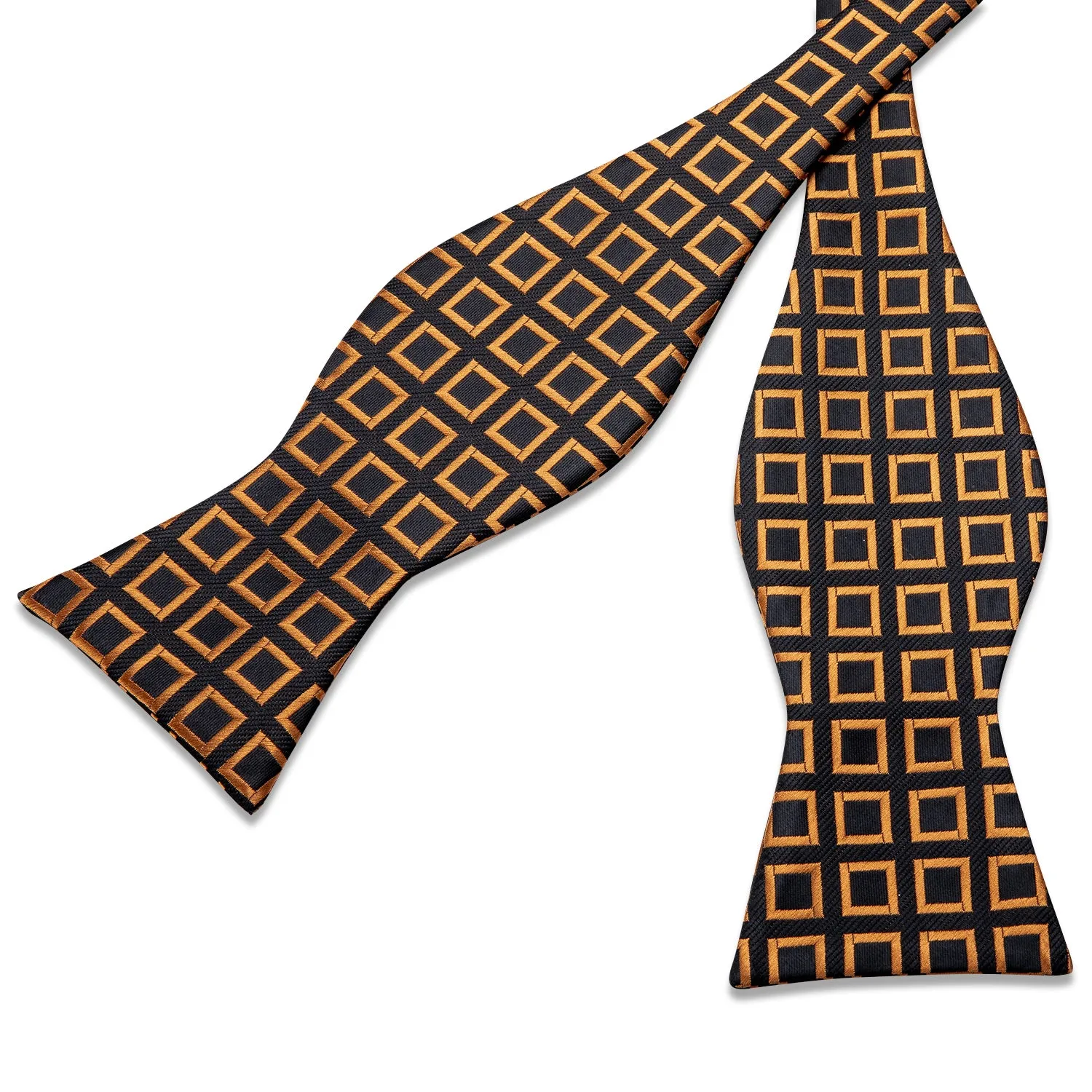 Black Golden Plaid Silk Self-Bowtie Pocket Square Cufflinks Set