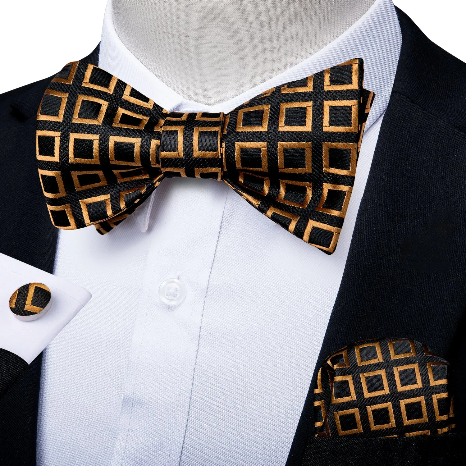 Black Golden Plaid Silk Self-Bowtie Pocket Square Cufflinks Set