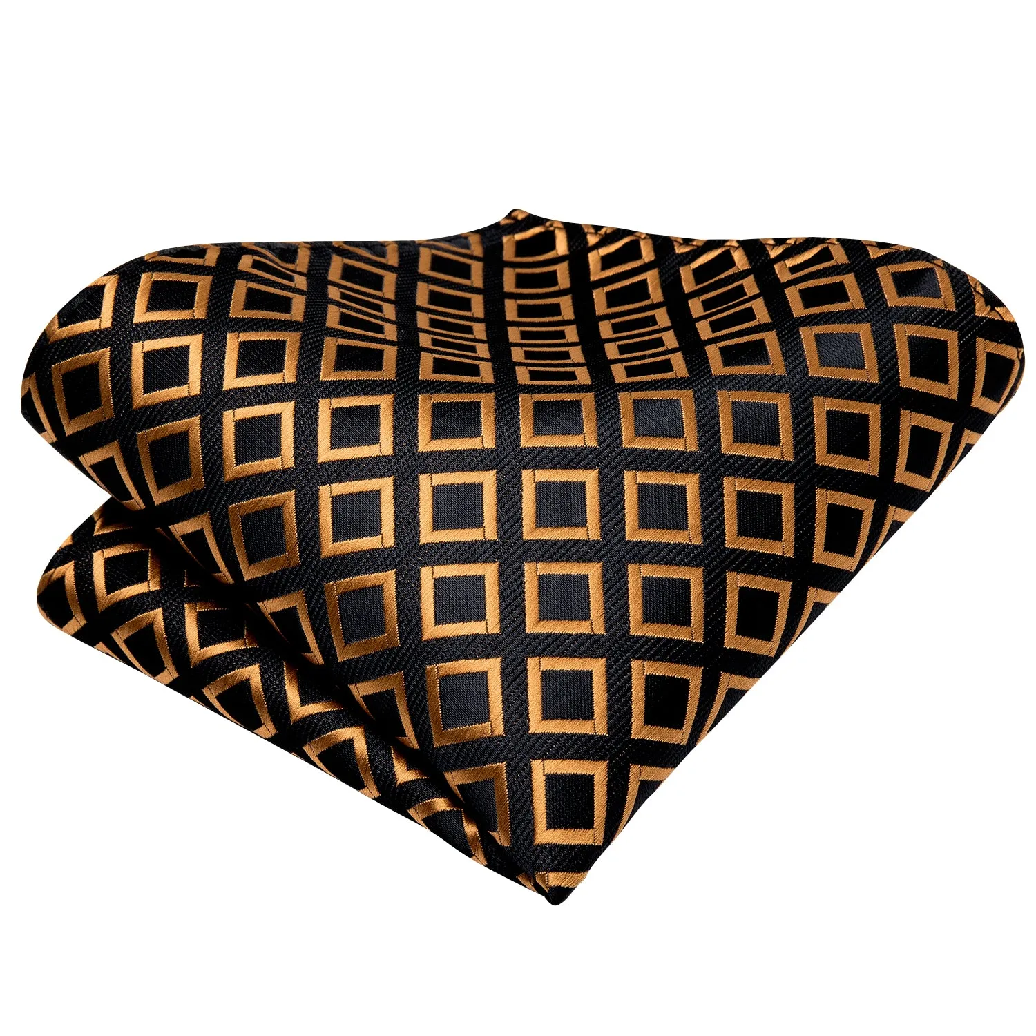 Black Golden Plaid Silk Self-Bowtie Pocket Square Cufflinks Set