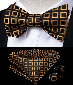 Black Golden Plaid Silk Self-Bowtie Pocket Square Cufflinks Set