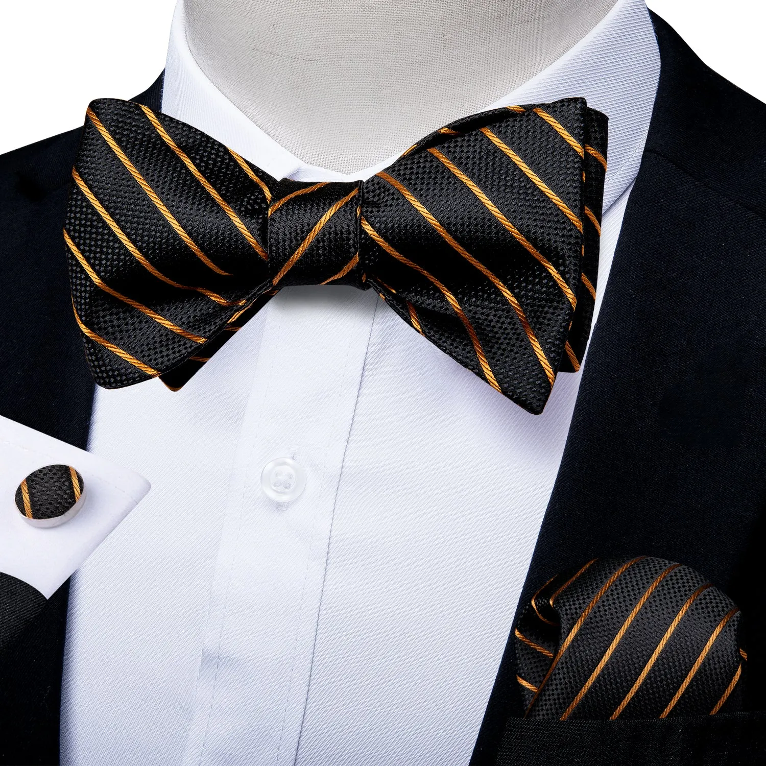 Black Golden Striped Silk Self-Bowtie Pocket Square Cufflinks Set