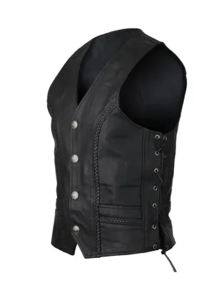 Black Leather Vest with Braids and Side Laces