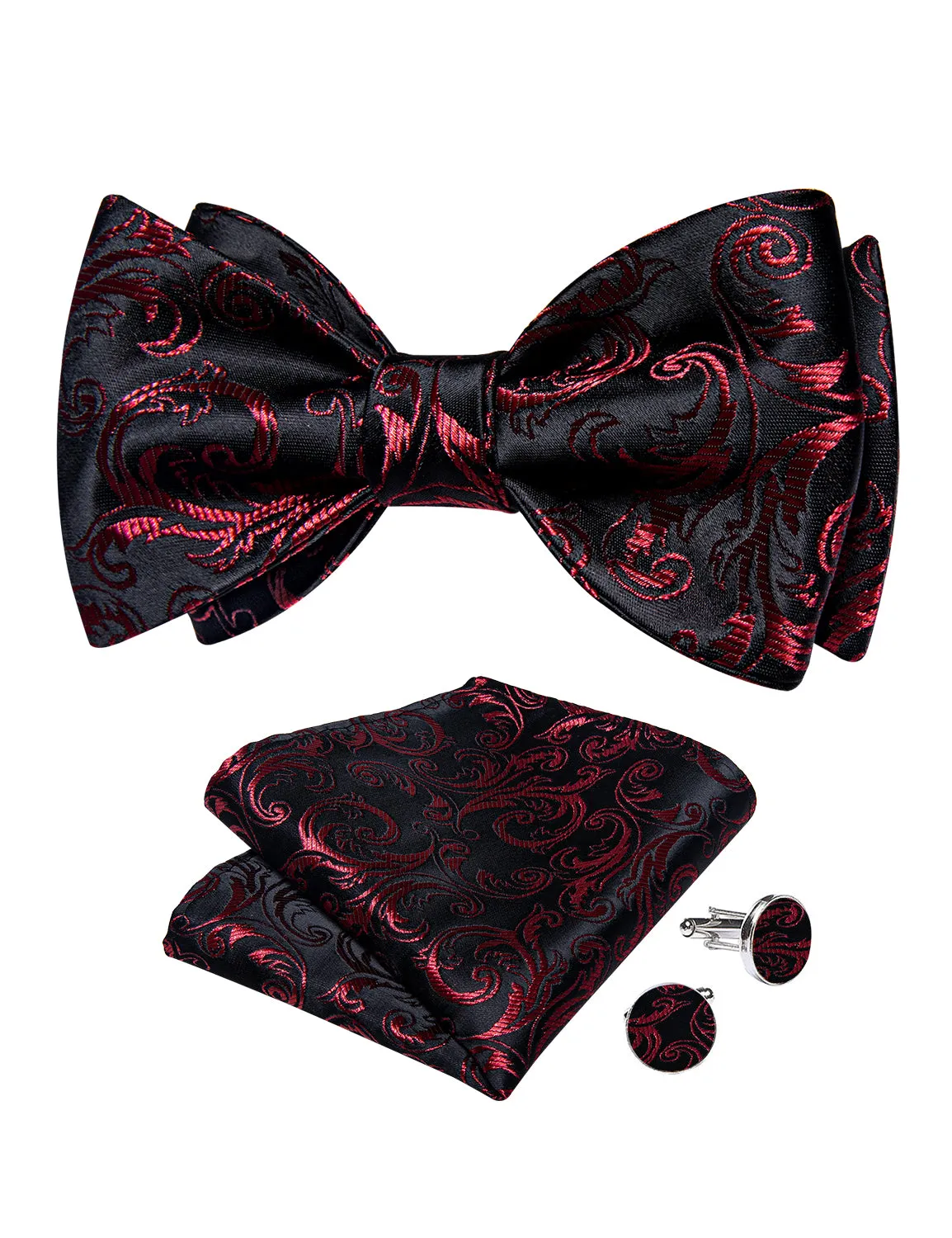 Black Red Floral Self-Bowtie Pocket Square Cufflinks Set