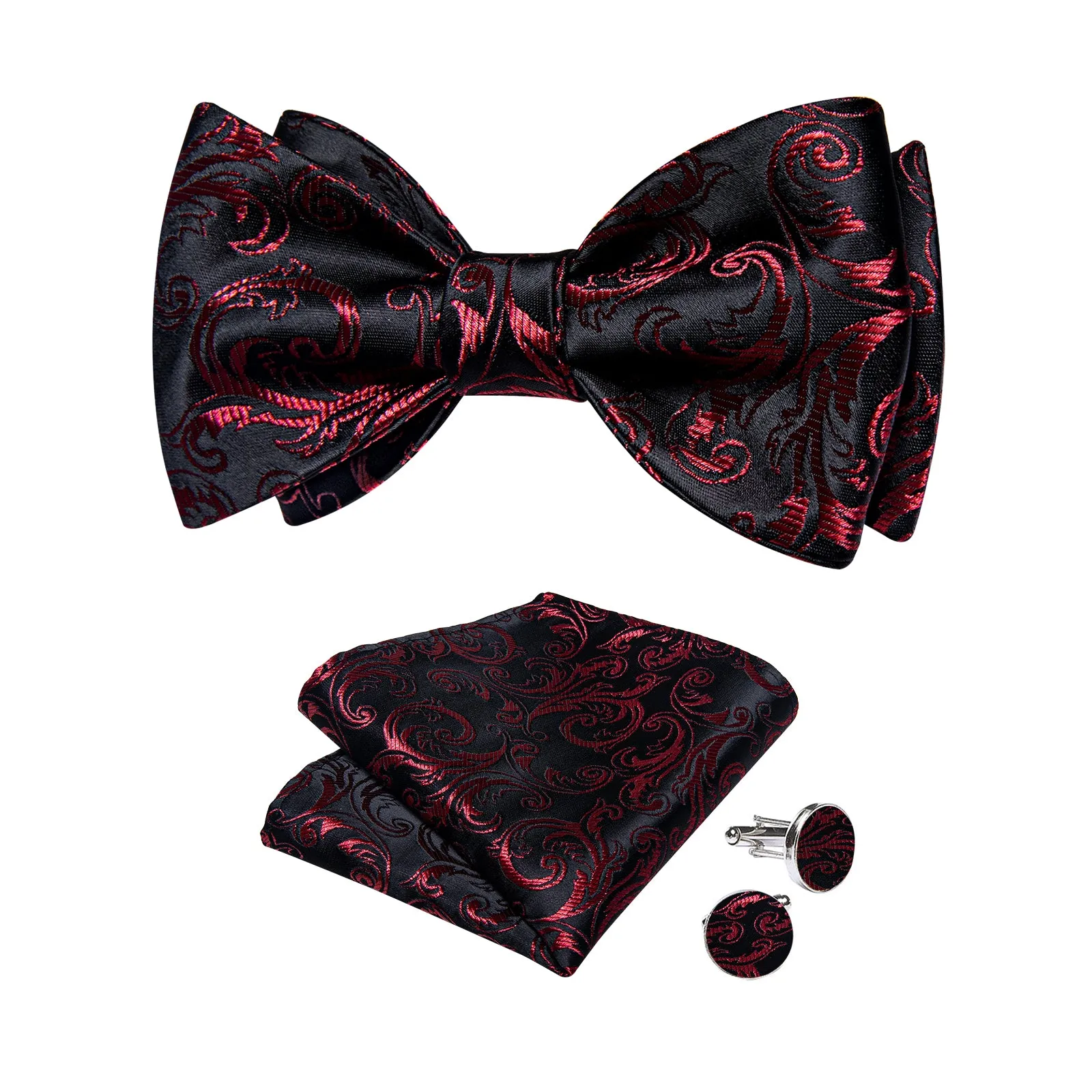 Black Red Floral Self-Bowtie Pocket Square Cufflinks Set