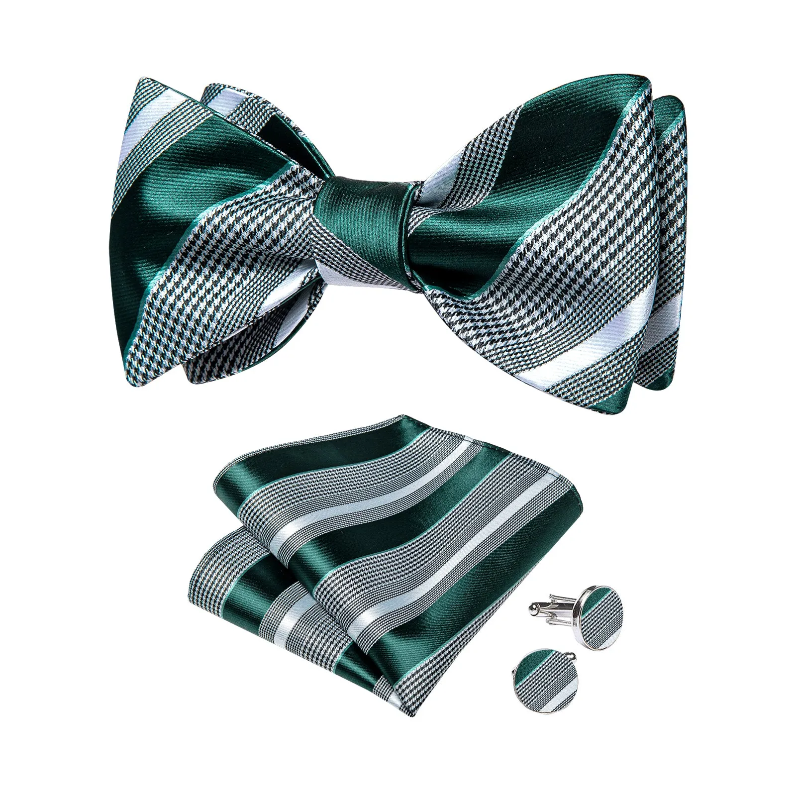 Black White Green Striped Self-Bowtie Pocket Square Cufflinks Set