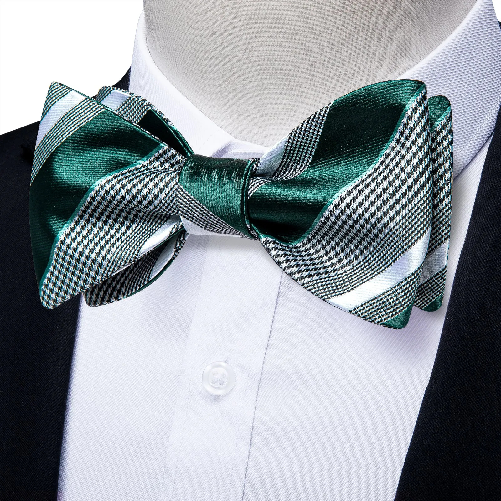 Black White Green Striped Self-Bowtie Pocket Square Cufflinks Set