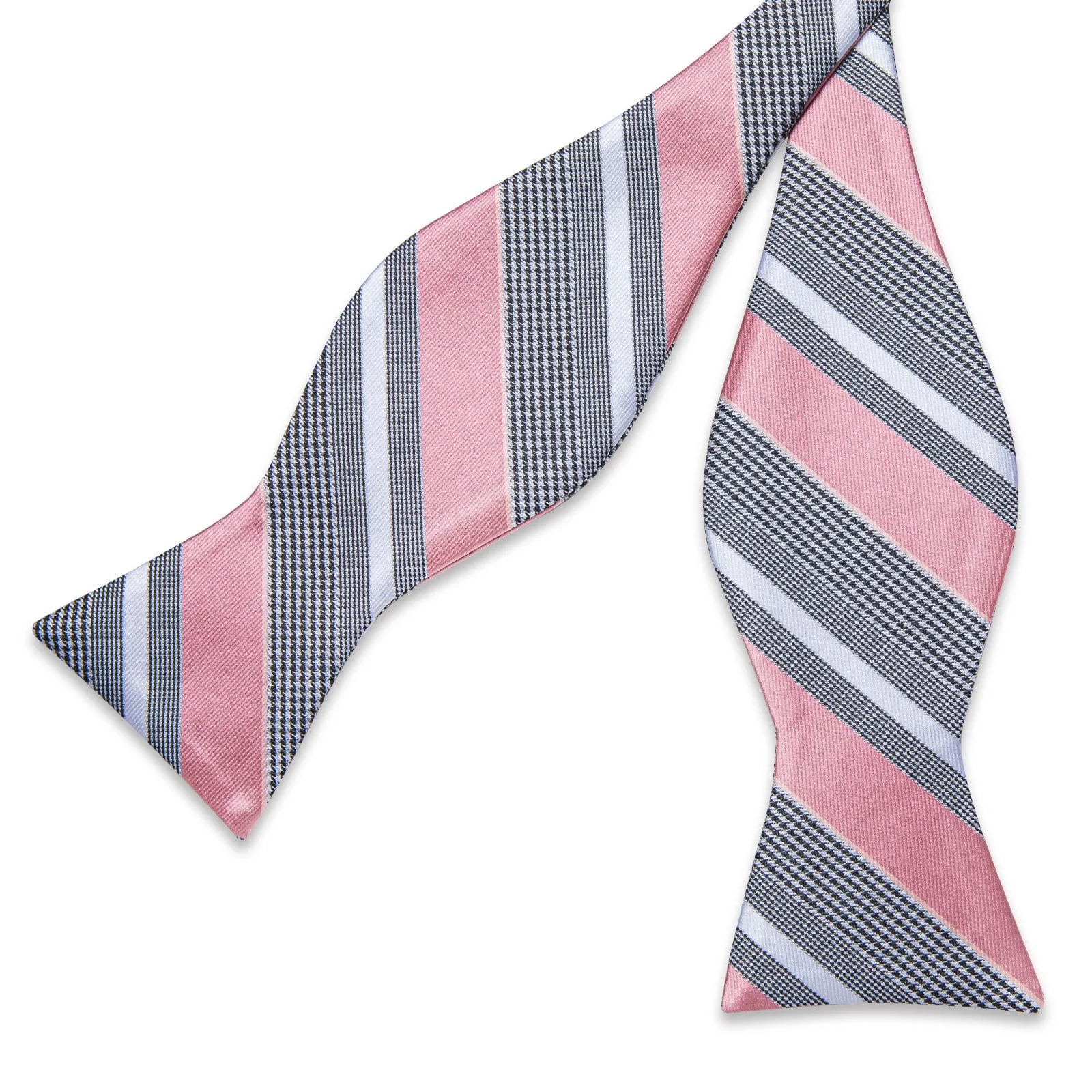 Black White Pink Striped Self-Bowtie Pocket Square Cufflinks Set