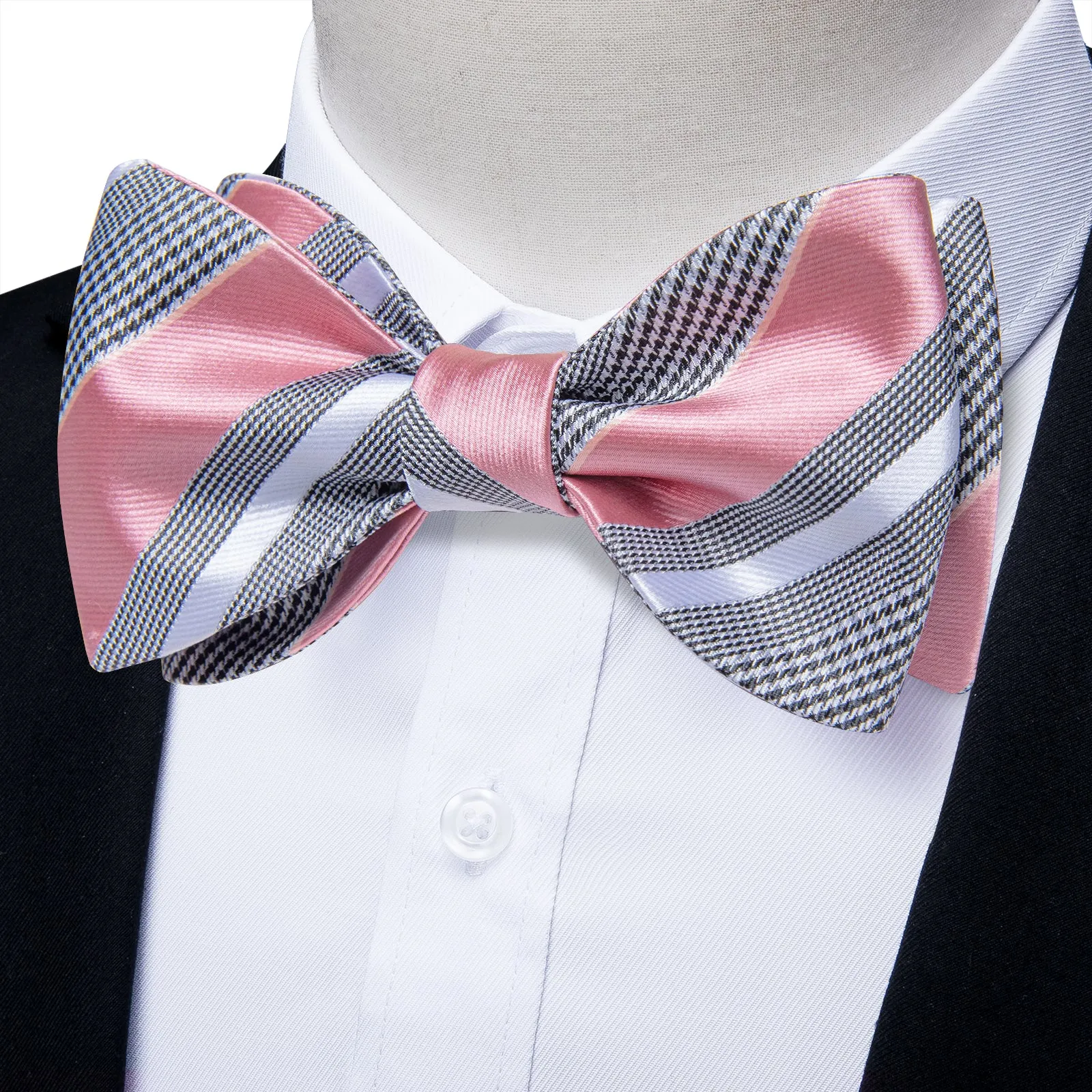 Black White Pink Striped Self-Bowtie Pocket Square Cufflinks Set