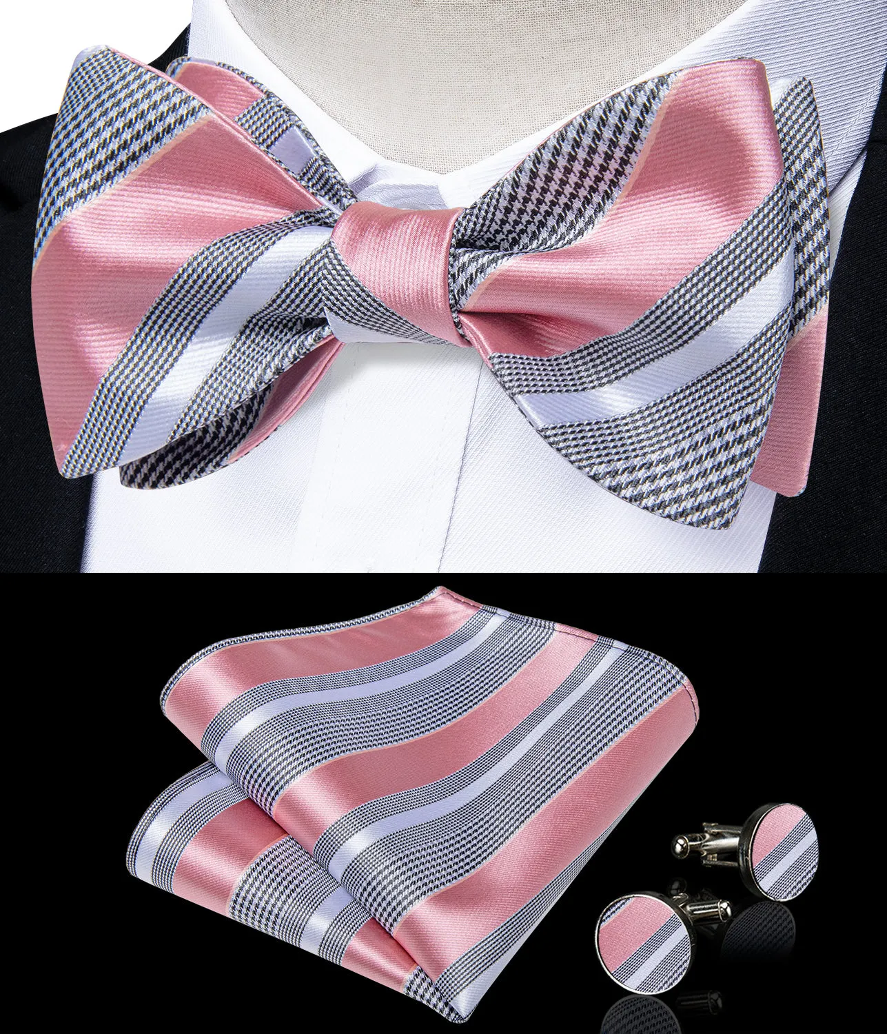 Black White Pink Striped Self-Bowtie Pocket Square Cufflinks Set