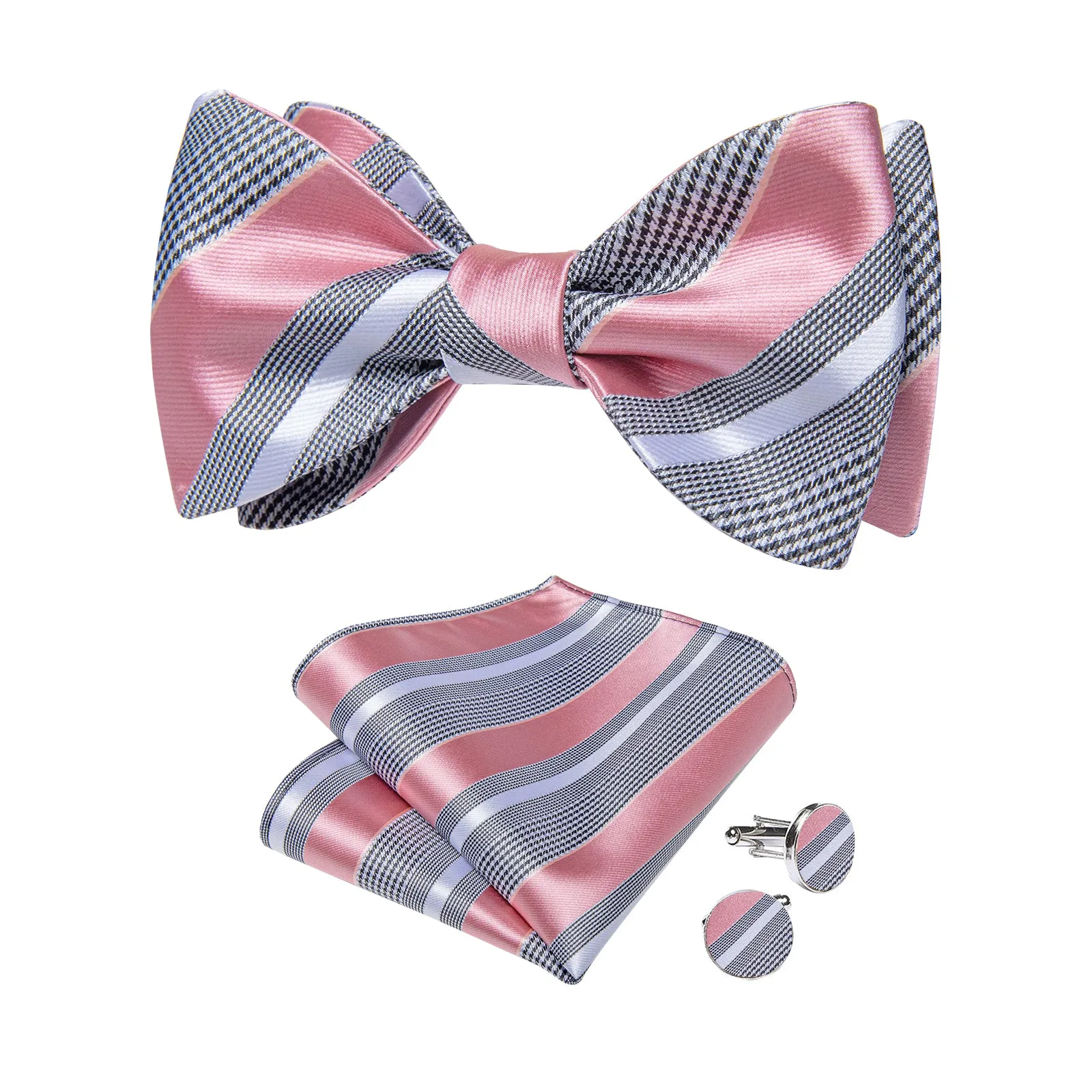 Black White Pink Striped Self-Bowtie Pocket Square Cufflinks Set