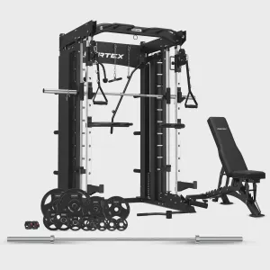 CORTEX SM-26 6-IN-1 POWER RACK WITH DUAL STACK SMITH & CABLE MACHINE   BN-9 BENCH   100KG OLYMPIC TRI-GRIP WEIGHT PLATE & BARBELL PACKAGE