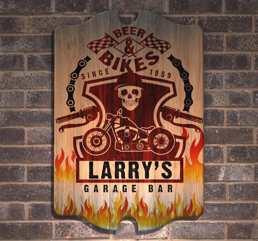 Custom Tavern Shaped Wood Bar Sign - Biker