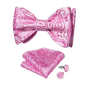 DiBanGu Mens Silk Pink Paisley Jacquard Self Bow Tie Pocket Square Cufflinks Set Formal Tuxedo Wedding Bowties Handkerchief Set