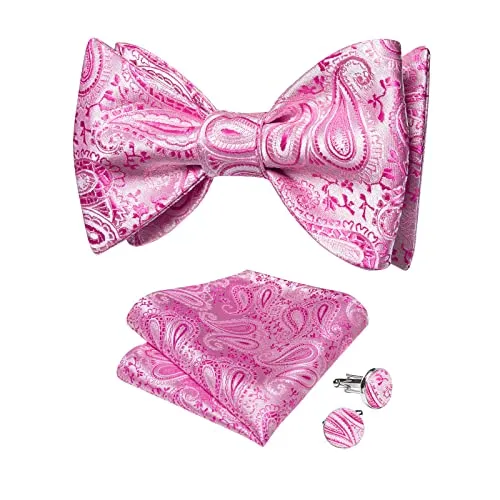 DiBanGu Mens Silk Pink Paisley Jacquard Self Bow Tie Pocket Square Cufflinks Set Formal Tuxedo Wedding Bowties Handkerchief Set