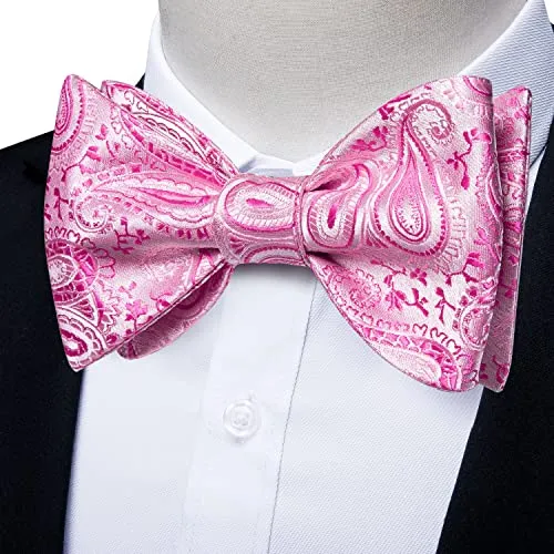 DiBanGu Mens Silk Pink Paisley Jacquard Self Bow Tie Pocket Square Cufflinks Set Formal Tuxedo Wedding Bowties Handkerchief Set