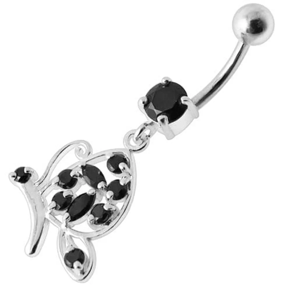 Fancy Butterfly Jeweled Silver Dangling Belly Ring