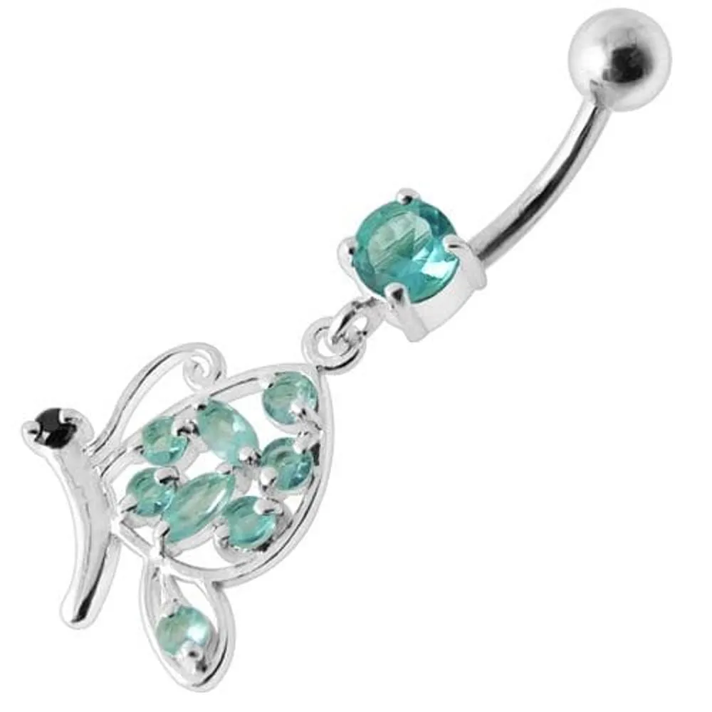 Fancy Butterfly Jeweled Silver Dangling Belly Ring