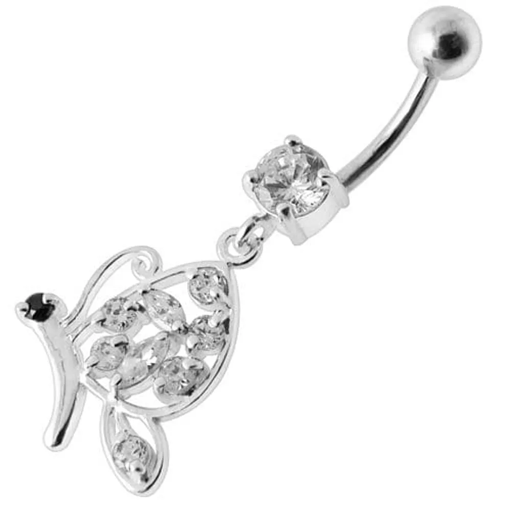 Fancy Butterfly Jeweled Silver Dangling Belly Ring