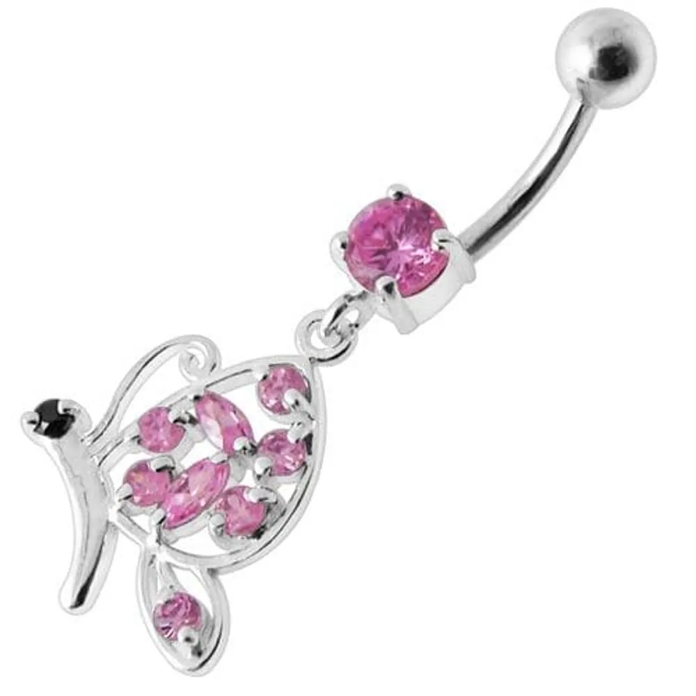 Fancy Butterfly Jeweled Silver Dangling Belly Ring