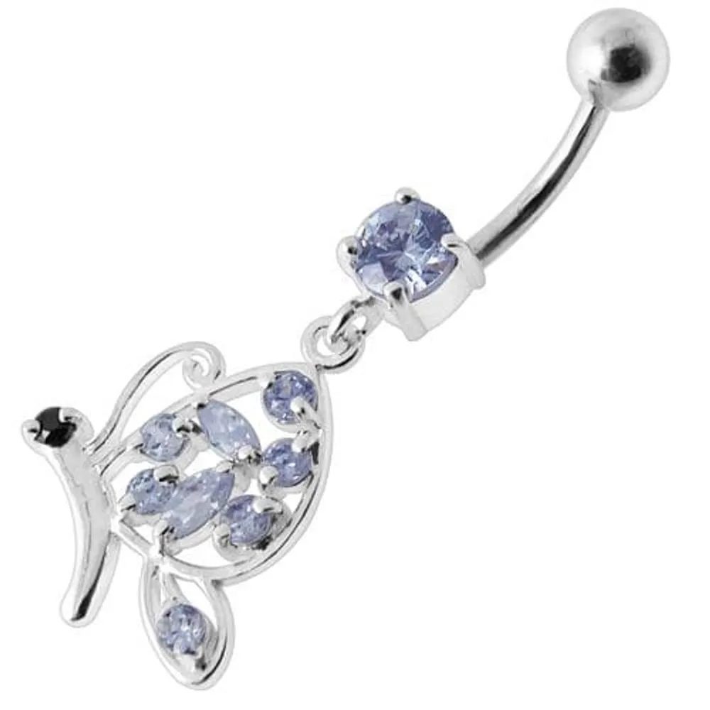 Fancy Butterfly Jeweled Silver Dangling Belly Ring