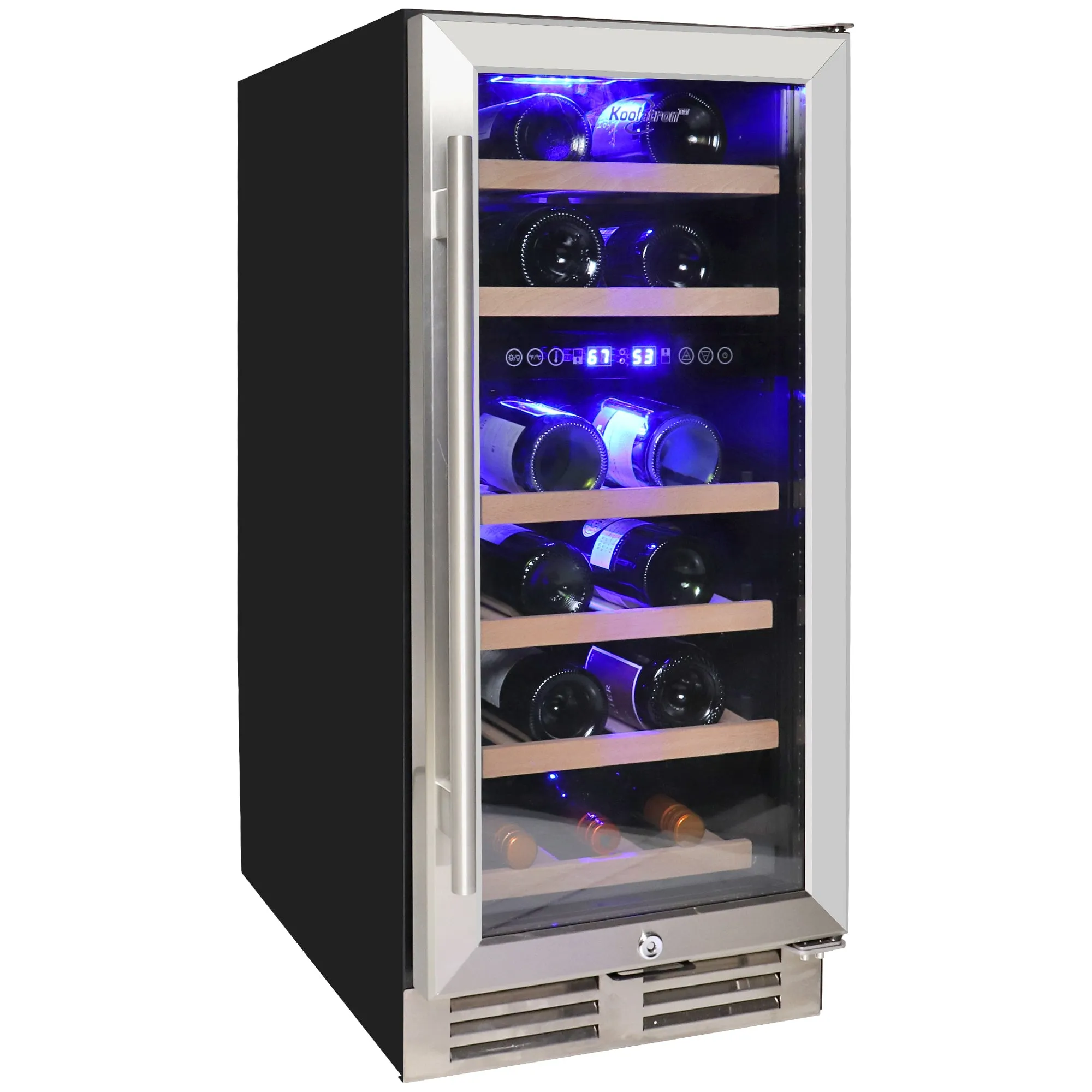 Koolatron 28 Bottle Dual Zone 15-Inch Under Counter Wine Cooler w/ Lock, Front-Venting Built-In or Freestanding Beverage Fridge, Stainless Steel Door Frame, UV Protective Glass, Beechwood Bottle Racks