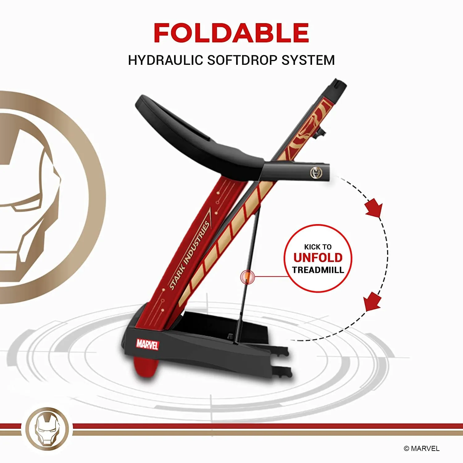 Marvel MT-1M Iron Man Edition 4HP Peak Smart Folding Electric Treadmill With Manual Incline | MP3 | Speaker | Exercise Machine - Red