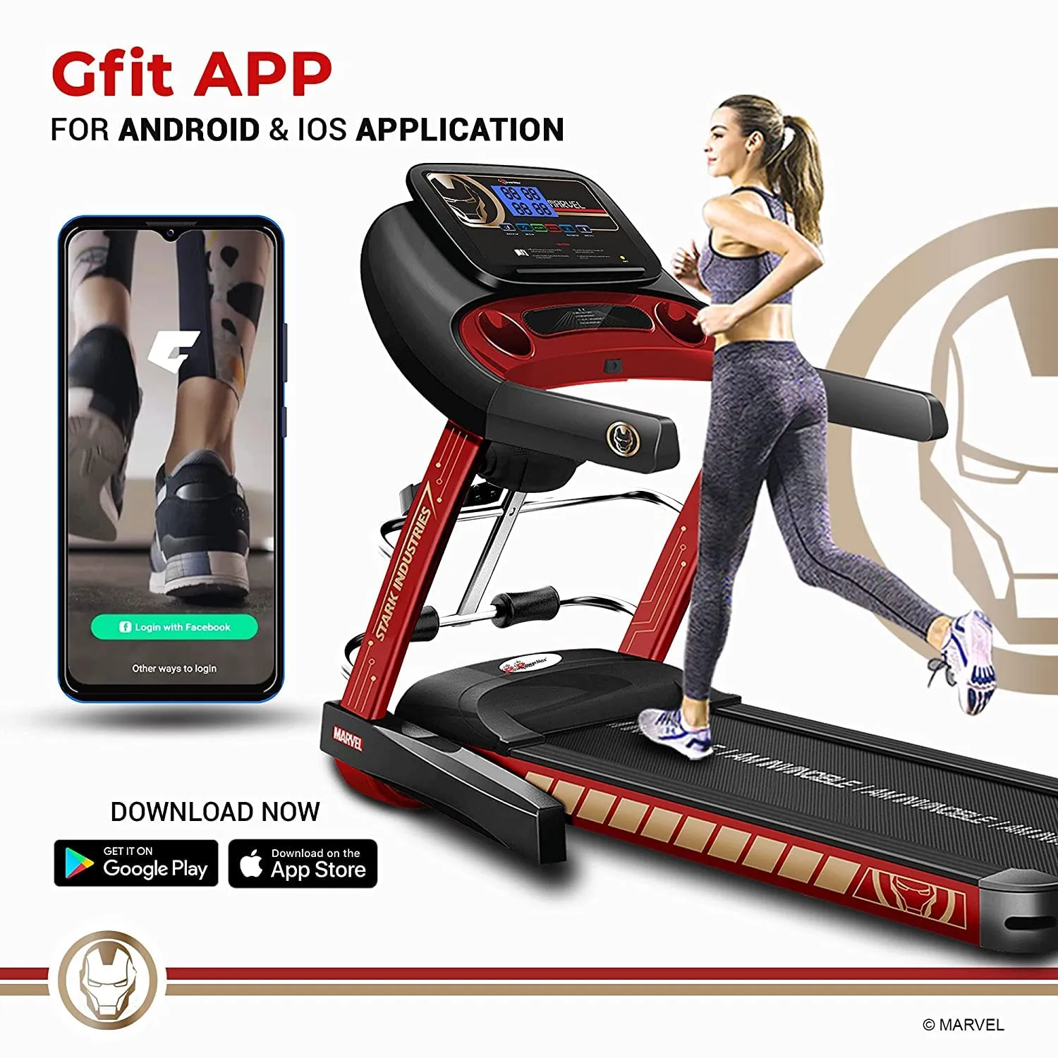 Marvel MT-1M Iron Man Edition 4HP Peak Smart Folding Electric Treadmill With Manual Incline | MP3 | Speaker | Exercise Machine - Red