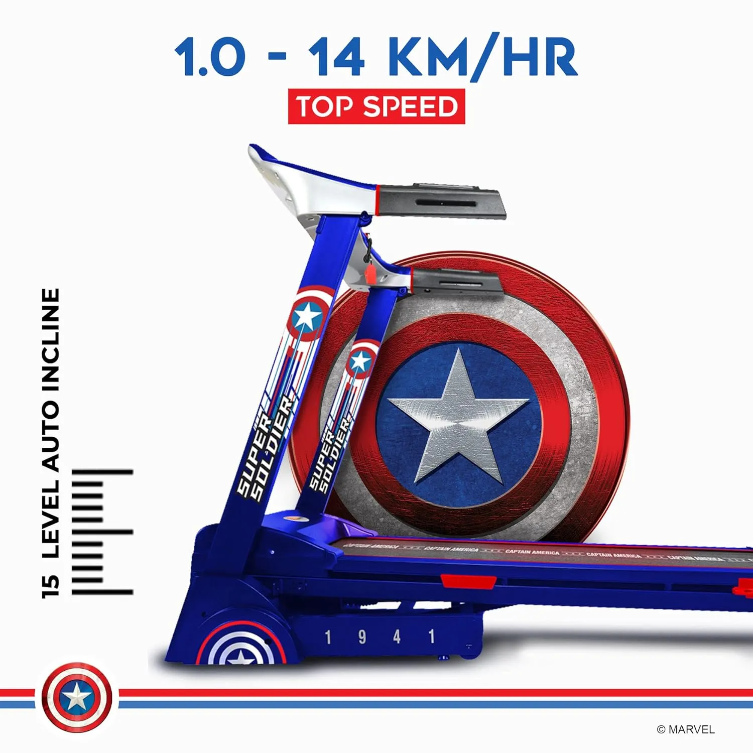 Marvel MTA-2300 Captain America (4HP Peak) Smart Folding | Electric Treadmill with Auto Incline | MP3 | Speaker | Exercise Machine for Home Gym and Cardio Training - Blue