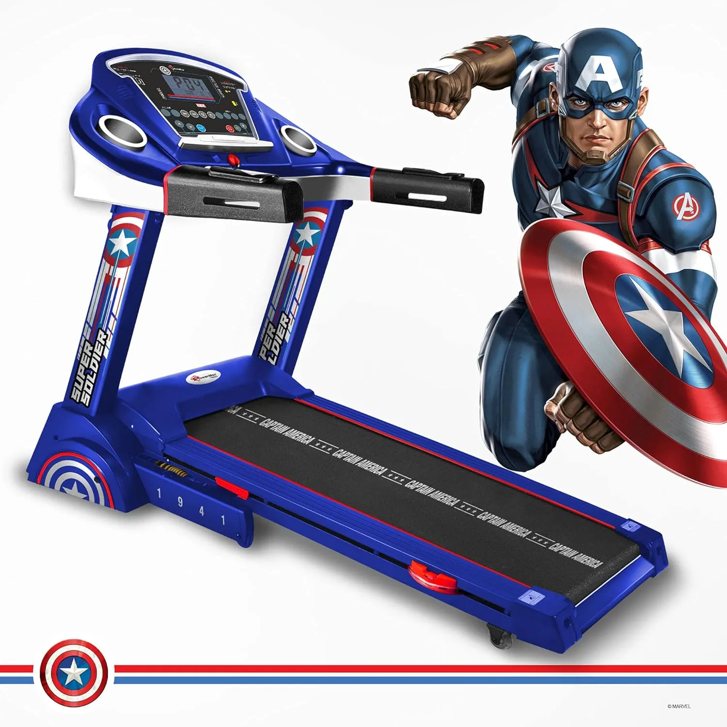 Marvel MTA-2300 Captain America (4HP Peak) Smart Folding | Electric Treadmill with Auto Incline | MP3 | Speaker | Exercise Machine for Home Gym and Cardio Training - Blue