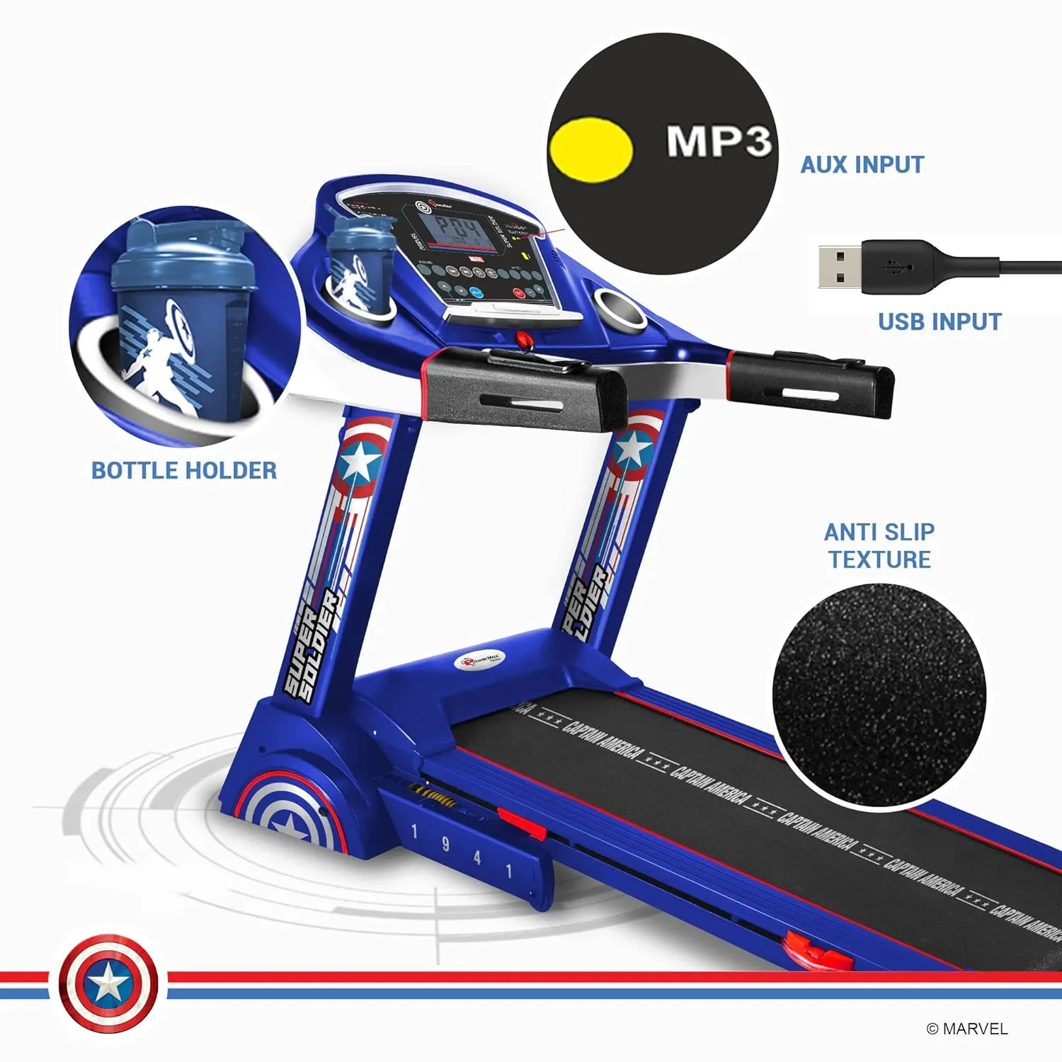 Marvel MTA-2300 Captain America (4HP Peak) Smart Folding | Electric Treadmill with Auto Incline | MP3 | Speaker | Exercise Machine for Home Gym and Cardio Training - Blue