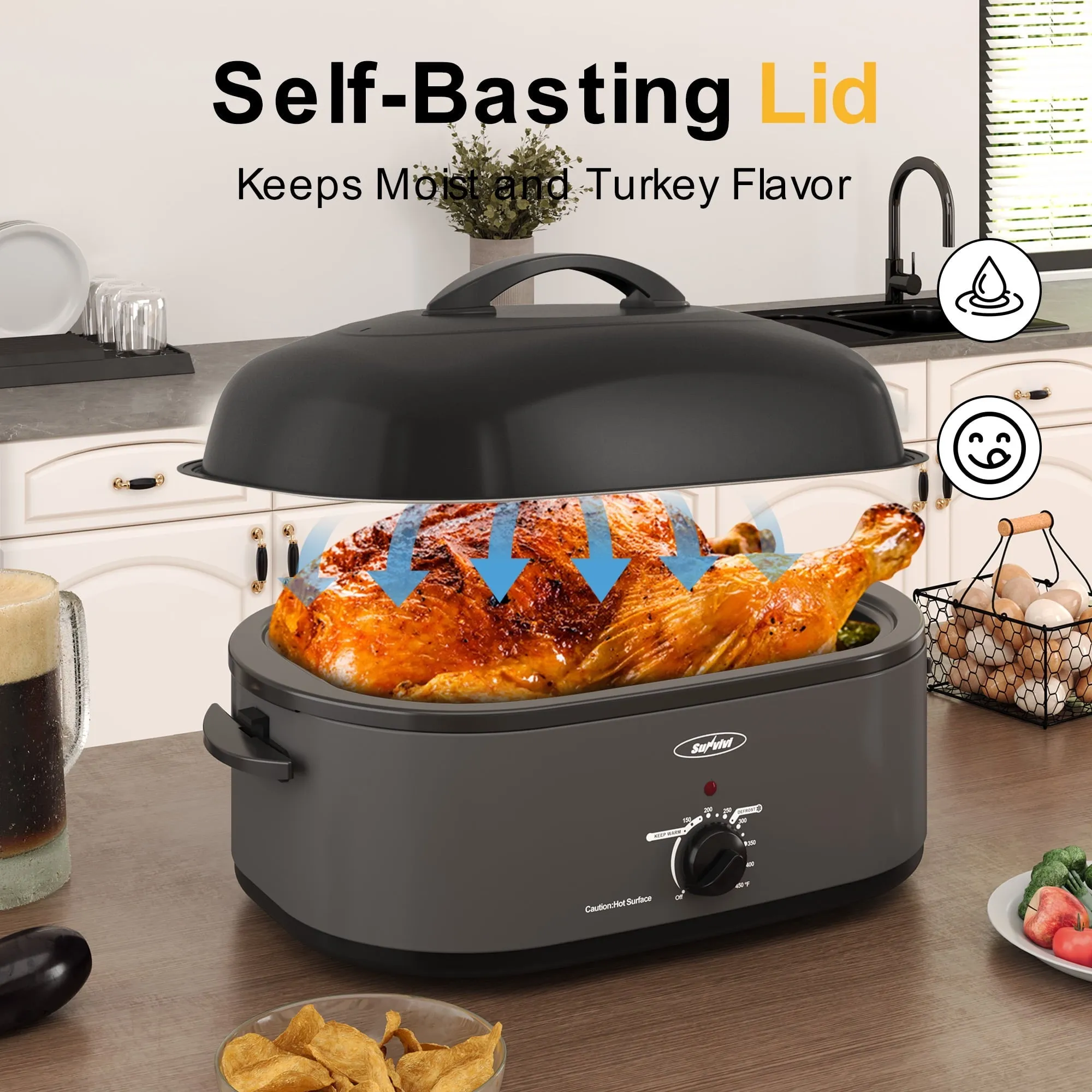 Sunvivi Roaster Oven with Self-Basting Lid, 20qt Electric Roaster with Removable Pan & Rack, Turkey Roaster Oven with Defrost & Warm Function, Stainless Steel, Grey