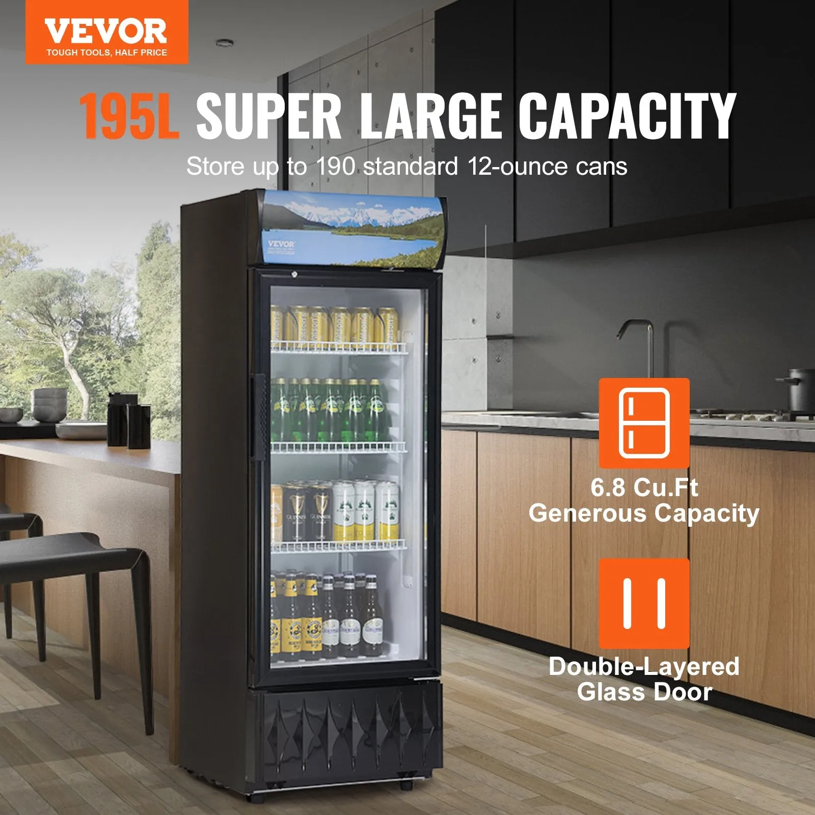 Vevor Merchandiser Refrigerator 6.8 Cu. Ft. Glass Door Beverage Display Cooler with 3 Adjustable Shelves New