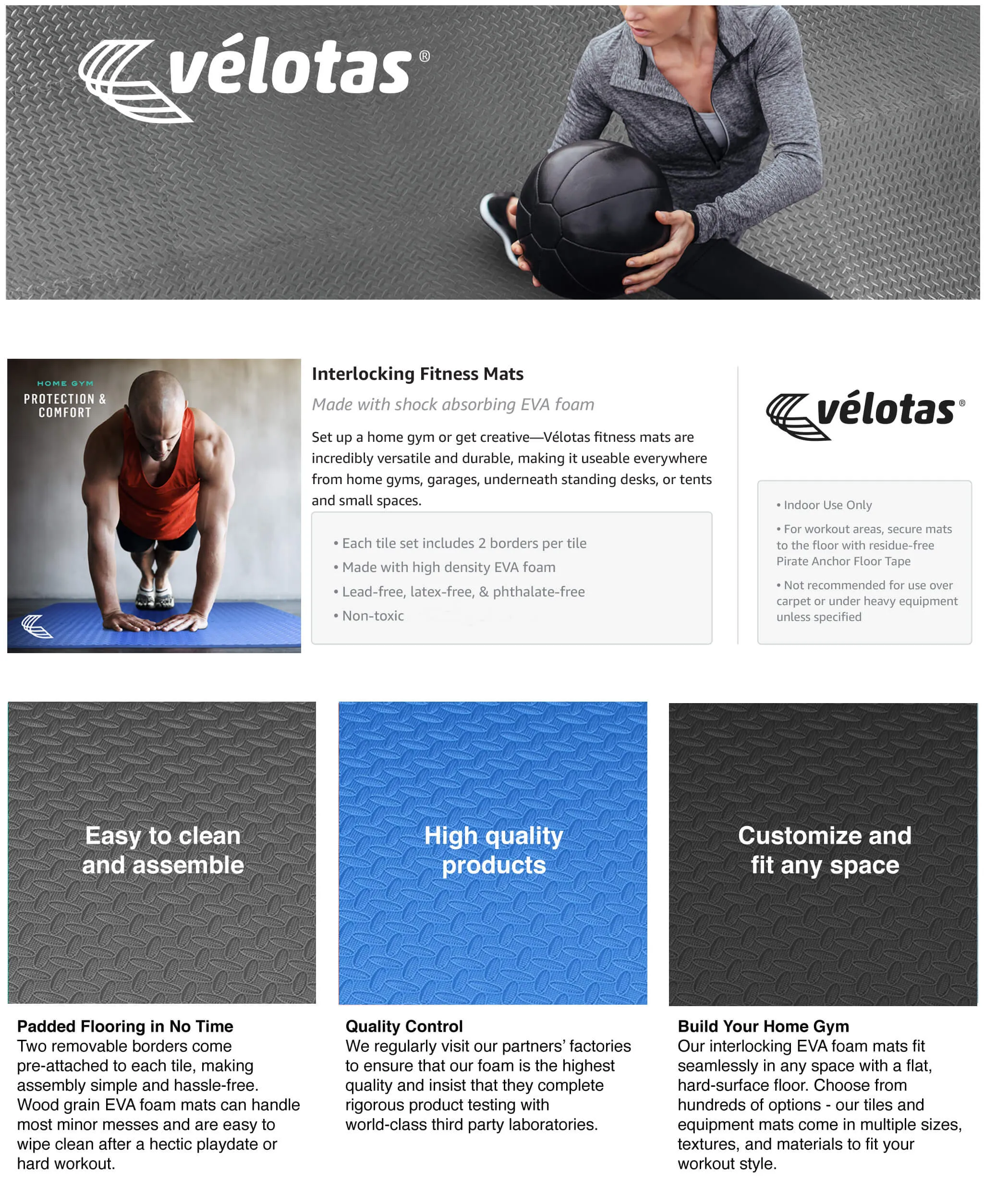 vélotas® Diamond Pattern Foam Fitness Mats 1/2" - 4 Color Options