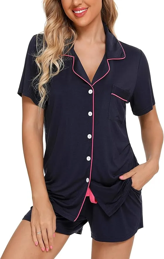 Women's navy Blue Pajama Set with Pink Trim